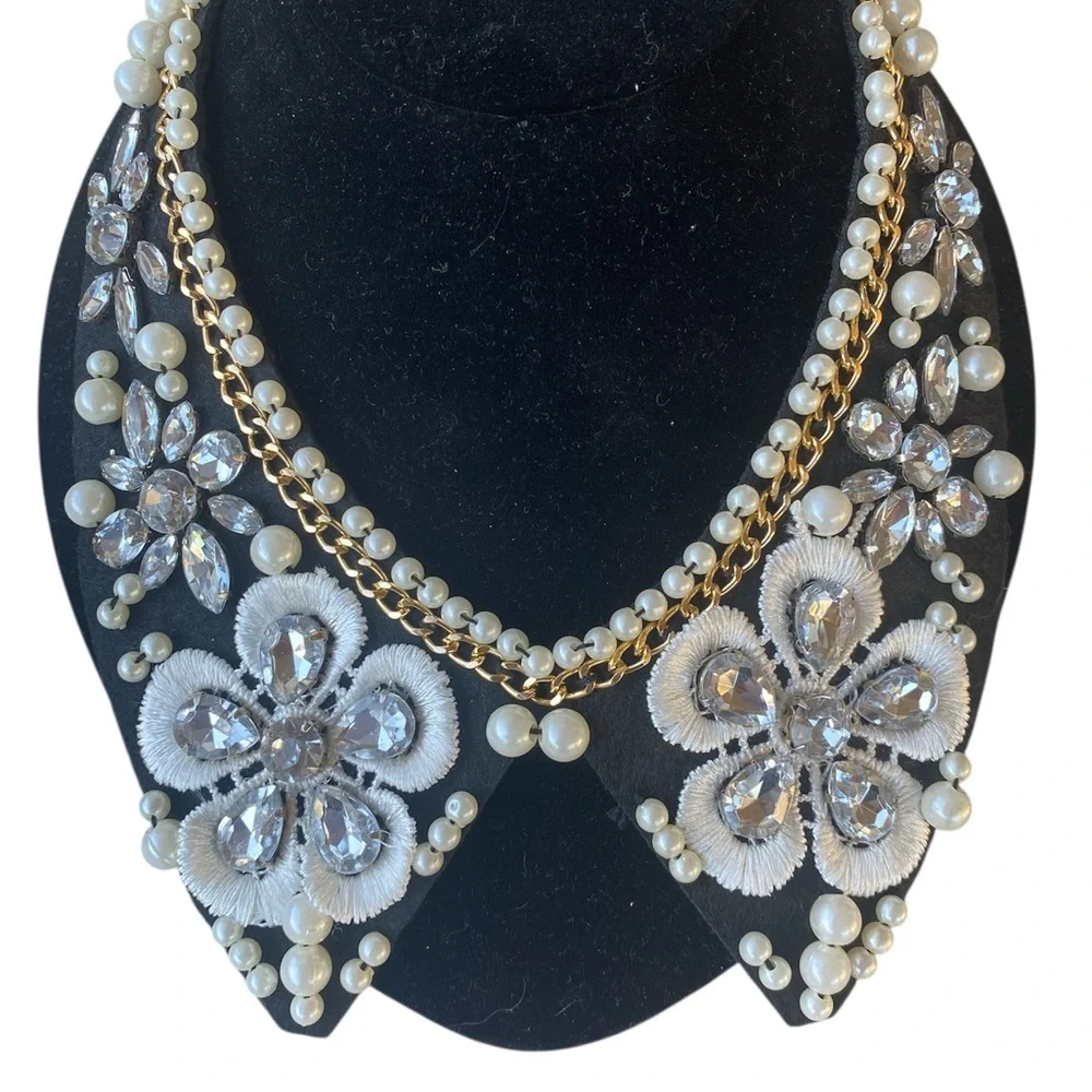 Pearl Rhinestone Bib Collar Necklace Statement Costume Jewelry - Picture 4 of 12
